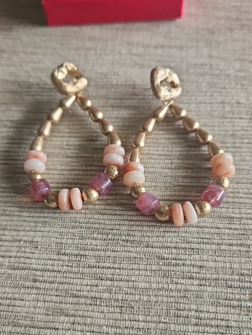4  For $10 Avon Gold Teardrop Hoop Earrings with Pink and Peach Beads